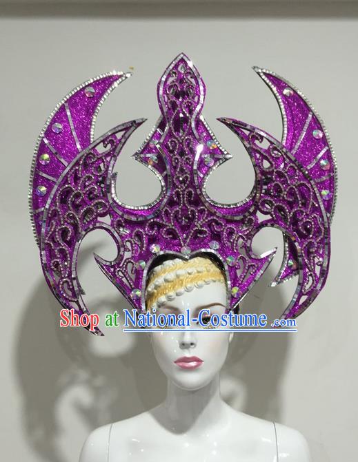 Top Grade Professional Stage Show Halloween Headpiece Crystal Exaggerate Hat, Brazilian Rio Carnival Samba Opening Dance Purple Headwear for Women