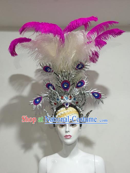 Top Grade Professional Stage Show Halloween Headpiece Feather Exaggerate Hat, Brazilian Rio Carnival Samba Opening Dance Purple Headwear for Women