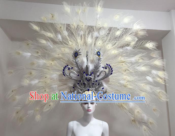 Top Grade Professional Stage Show Halloween Headpiece Feather Exaggerate Hat, Brazilian Rio Carnival Samba Opening Dance Peacock Spread Headwear for Women