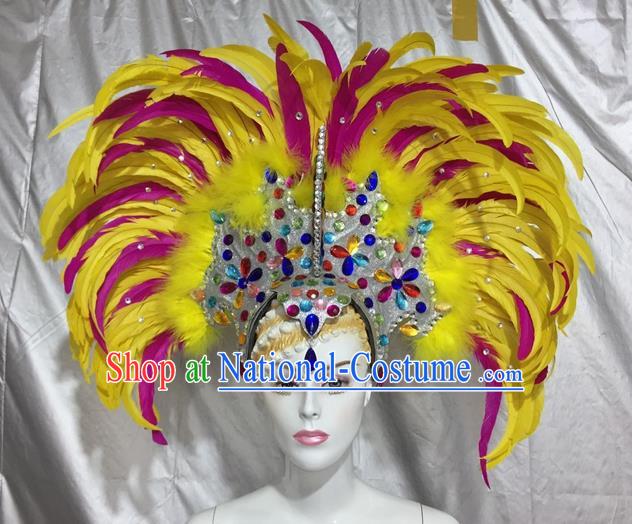 Top Grade Professional Stage Show Colorful Crystal Headpiece Hat, Brazilian Rio Carnival Samba Opening Dance Feather Headwear for Women