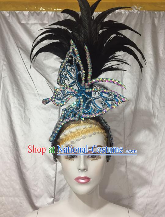 Top Grade Professional Stage Show Halloween Feather Headpiece Blue Exaggerate Hat, Brazilian Rio Carnival Samba Opening Dance Hair Accessories Headwear for Women