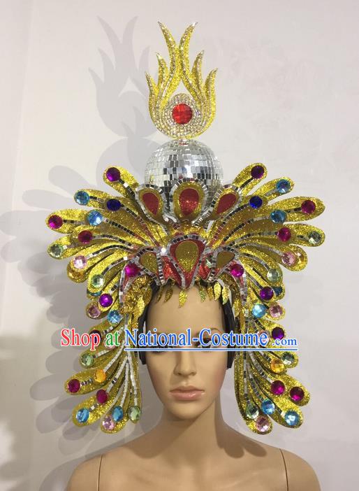 Top Grade Professional Stage Show Halloween Crystal Queen Headpiece Exaggerate Hat, Brazilian Rio Carnival Samba Opening Dance Hair Accessories Cleopatra Headwear for Women