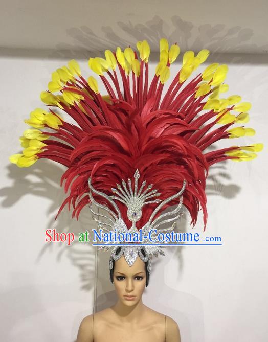 Top Grade Professional Stage Show Halloween Red Feather Headpiece Exaggerate Hat, Brazilian Rio Carnival Samba Opening Dance Hair Accessories Cleopatra Headwear for Women