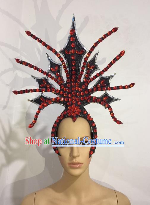 Top Grade Professional Stage Show Halloween Red Crystal Headpiece Exaggerate Hat, Brazilian Rio Carnival Samba Opening Dance Hair Accessories Cleopatra Headwear for Women