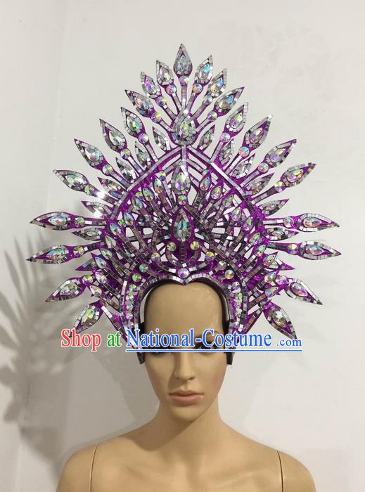 Top Grade Professional Stage Show Halloween Queen Purple Crystal Headpiece Exaggerate Hat, Brazilian Rio Carnival Samba Opening Dance Hair Accessories Cleopatra Headwear for Women