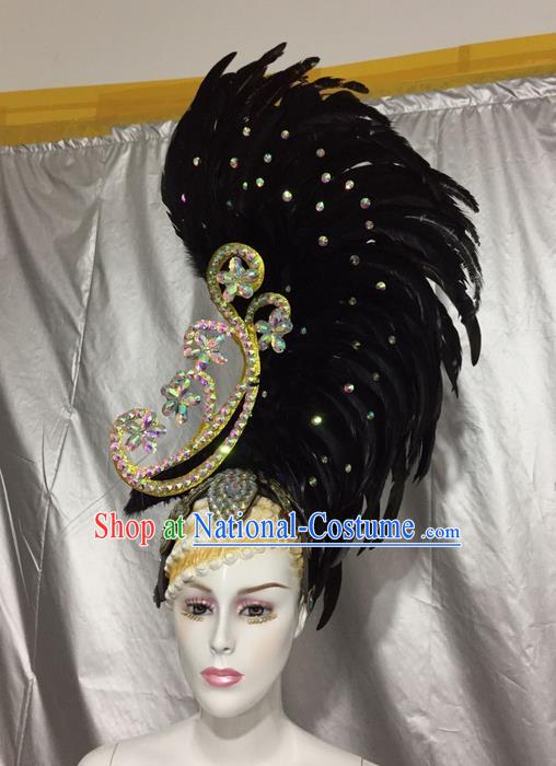 Top Grade Professional Stage Show Colorful Crystal Headpiece Hat, Brazilian Rio Carnival Samba Opening Dance Black Feather Headwear for Women