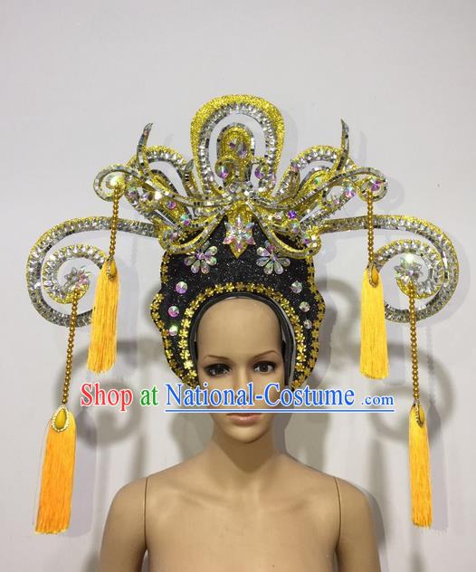 Top Grade Professional Stage Show Halloween Queen Headpiece Exaggerate Golden Hat, Brazilian Rio Carnival Samba Opening Dance Imperial Empress Hair Accessories Headwear for Women