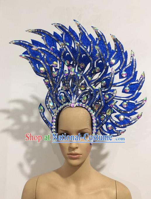 Top Grade Professional Stage Show Halloween Queen Headpiece Blue Hat, Brazilian Rio Carnival Samba Opening Dance Imperial Empress Hair Accessories Headwear for Women