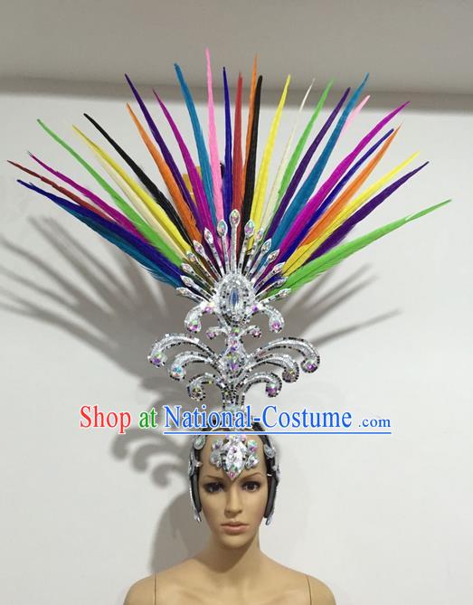 Top Grade Professional Stage Show Halloween Giant Headpiece Colorful Feather Big Hair Accessories Decorations, Brazilian Rio Carnival Samba Opening Dance Hat Headwear for Women