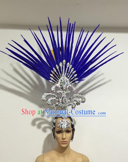 Top Grade Professional Stage Show Giant Headpiece Blue Feather Big Hair Accessories Decorations, Brazilian Rio Carnival Samba Opening Dance Hat Headwear for Women