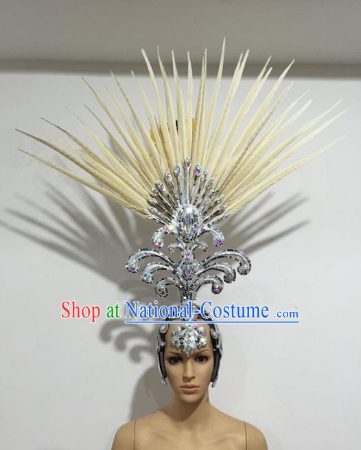 Top Grade Professional Stage Show Giant Headpiece Beige Feather Big Hair Accessories Decorations, Brazilian Rio Carnival Samba Opening Dance Hat Headwear for Women