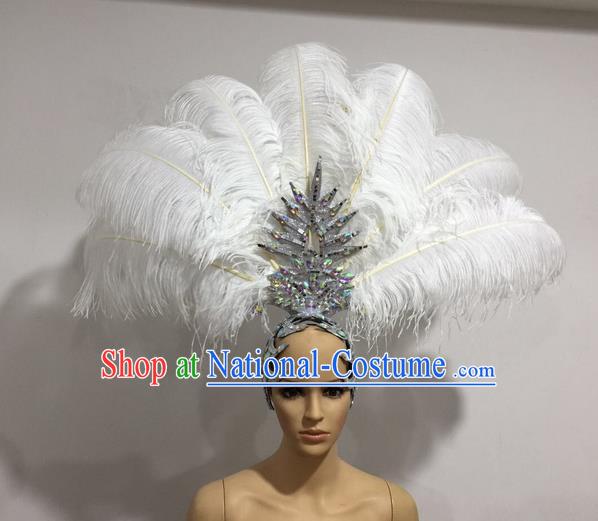 Top Grade Professional Stage Show Giant Headpiece White Feather Big Hair Accessories Decorations, Brazilian Rio Carnival Samba Opening Dance Hat Headwear for Women