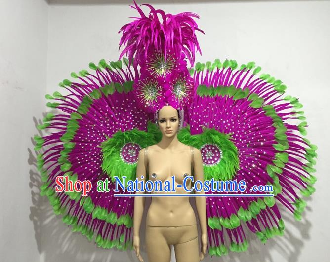 Top Grade Professional Stage Show Giant Headpiece and Wings Decorations, Brazilian Rio Carnival Samba Opening Dance Hat Headwear Clothing for Women