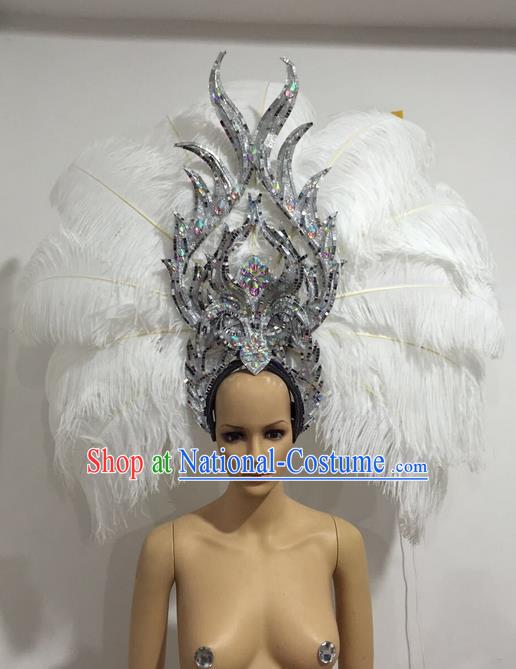 Top Grade Professional Stage Show Giant Headpiece White Feather Big Hair Accessories Decorations, Brazilian Rio Carnival Samba Opening Dance Headwear for Women