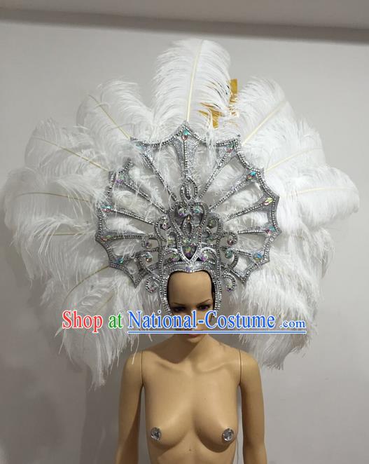 Top Grade Professional Stage Show Giant Headpiece White Feather Big Hair Accessories Crystal Decorations, Brazilian Rio Carnival Samba Opening Dance Headwear for Women