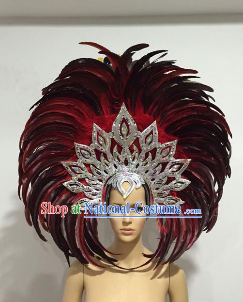 Top Grade Professional Stage Show Halloween Giant Headpiece Feather Hat, Brazilian Rio Carnival Samba Opening Dance Imperial Empress Hair Accessories Headwear for Women