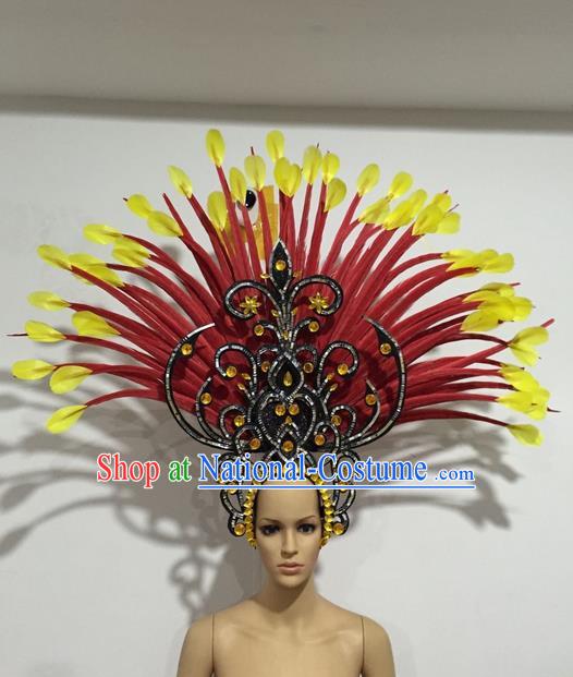 Top Grade Professional Stage Show Halloween Crystal Giant Headpiece Feather Hat, Brazilian Rio Carnival Samba Opening Dance Imperial Empress Hair Accessories Headwear for Women