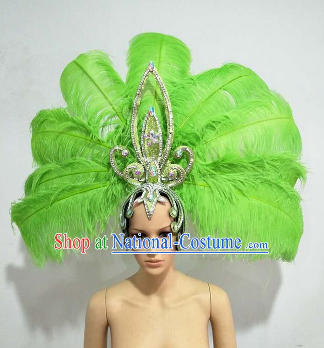 Top Grade Professional Stage Show Giant Headpiece Parade Big Hair Accessories Decorations, Brazilian Rio Carnival Samba Opening Dance Green Feather Headdresses for Women