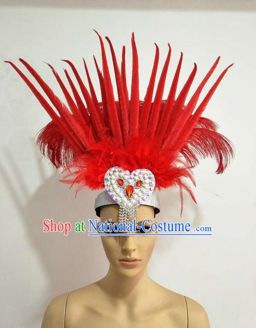 Top Grade Professional Stage Show Giant Headpiece Parade Hair Accessories Decorations, Brazilian Rio Carnival Samba Opening Dance Red Feather Hats for Women