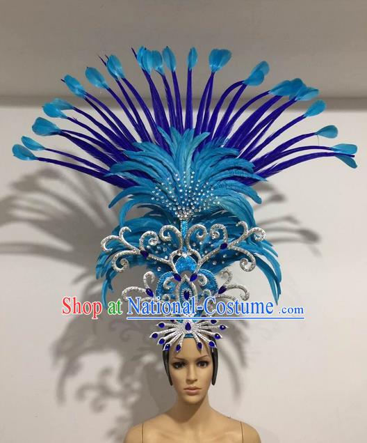 Top Grade Professional Stage Show Halloween Giant Headpiece Blue Feather Hat, Brazilian Rio Carnival Samba Opening Dance Imperial Empress Hair Accessories Headwear for Women