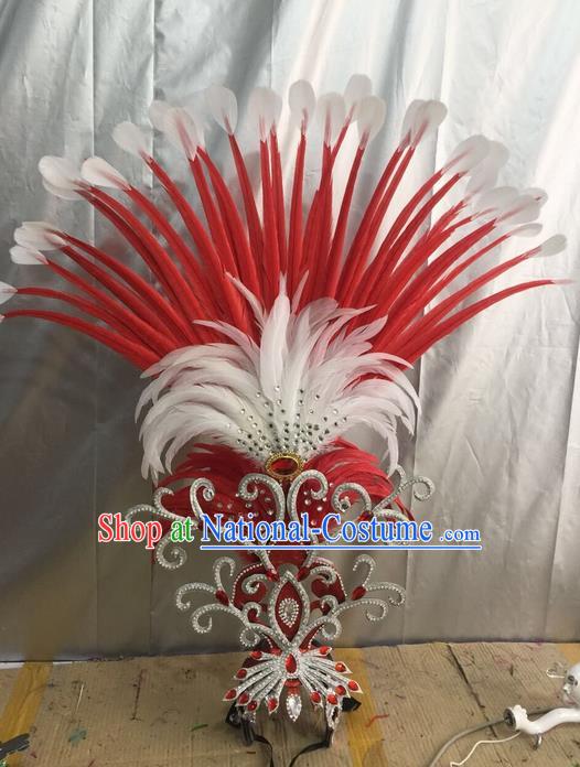 Top Grade Professional Stage Show Halloween Giant Headpiece Red Feather Hat, Brazilian Rio Carnival Samba Opening Dance Imperial Empress Hair Accessories Headwear for Women