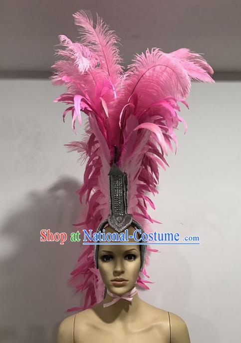 Top Grade Professional Stage Show Giant Headpiece Pink Feather Hair Accessories Decorations, Brazilian Rio Carnival Samba Opening Dance Soldier Helmet Headwear for Women