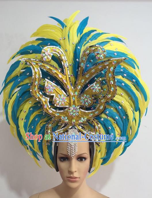 Top Grade Professional Stage Show Giant Headpiece Crystal Butterfly Feather Hair Accessories Decorations, Brazilian Rio Carnival Samba Opening Dance Headwear for Women