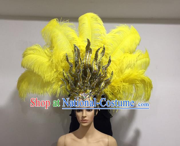 Top Grade Professional Stage Show Halloween Giant Headpiece Yellow Feather Big Hair Accessories Decorations, Brazilian Rio Carnival Samba Opening Dance Hat Headwear for Women