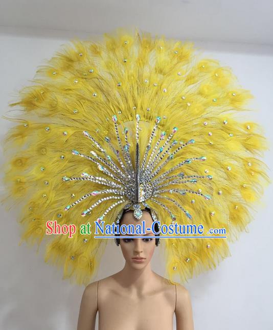 Top Grade Professional Stage Show Giant Headpiece Yellow Feather Big Hair Accessories Decorations, Brazilian Rio Carnival Samba Opening Dance Headwear for Women