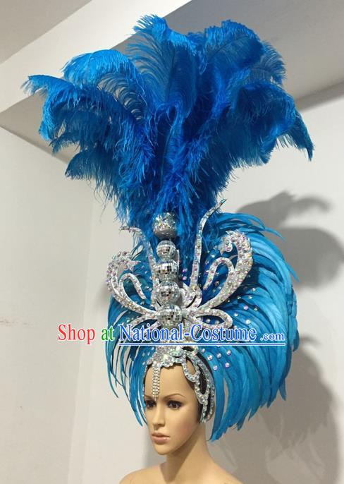 Top Grade Professional Stage Show Giant Headpiece Parade Giant Blue Feather Hair Accessories Decorations, Brazilian Rio Carnival Samba Opening Dance Headwear for Women