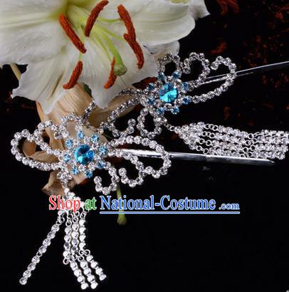 Chinese Ancient Peking Opera Hair Accessories Young Lady Diva Blue Phoenix Tassel Hairpins, Traditional Chinese Beijing Opera Hua Tan Colorful Crystal Head Ornaments