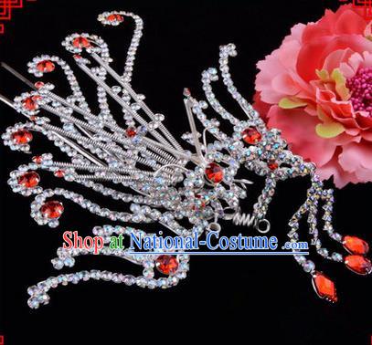 Chinese Ancient Peking Opera Hair Accessories Young Lady Diva Red Phoenix Hairpins, Traditional Chinese Beijing Opera Hua Tan Colorful Crystal Head Ornaments