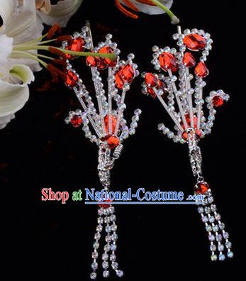 Chinese Ancient Peking Opera Hair Accessories Young Lady Diva Red Tassel Phoenix Hairpins, Traditional Chinese Beijing Opera Hua Tan Colorful Crystal Head Ornaments