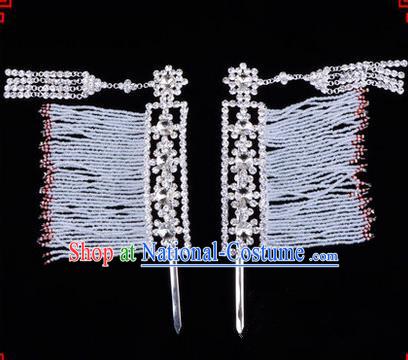 Chinese Ancient Peking Opera Hair Accessories Young Lady Diva Crystal Hairpins White Temples Curtain, Traditional Chinese Beijing Opera Hua Tan Head Ornaments