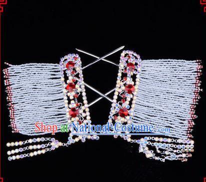 Chinese Ancient Peking Opera Hair Accessories Young Lady Diva Colorful Crystal Hairpins Red Temples Curtain, Traditional Chinese Beijing Opera Hua Tan Head Ornaments