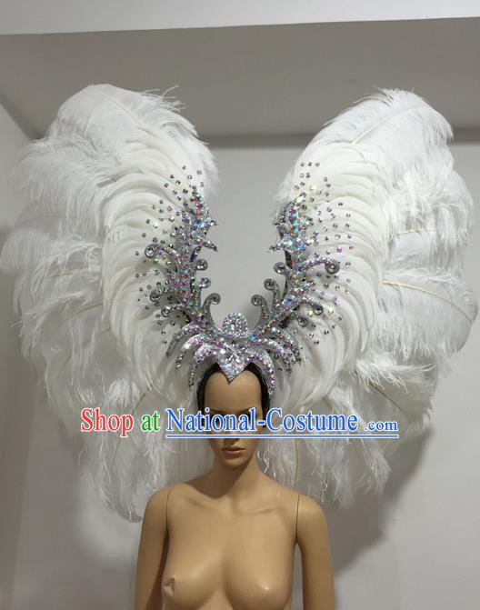 Top Grade Professional Stage Show Giant Headpiece White Feather Big Hair Accessories Decorations, Brazilian Rio Carnival Samba Opening Dance Headwear for Women