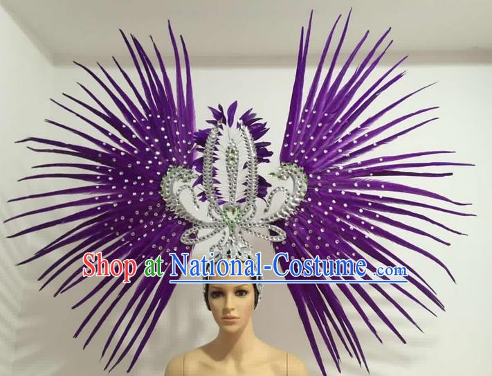 Top Grade Professional Stage Show Giant Headpiece Parade Hair Accessories Decorations, Brazilian Rio Carnival Samba Opening Dance Purple Feather Headdress for Women