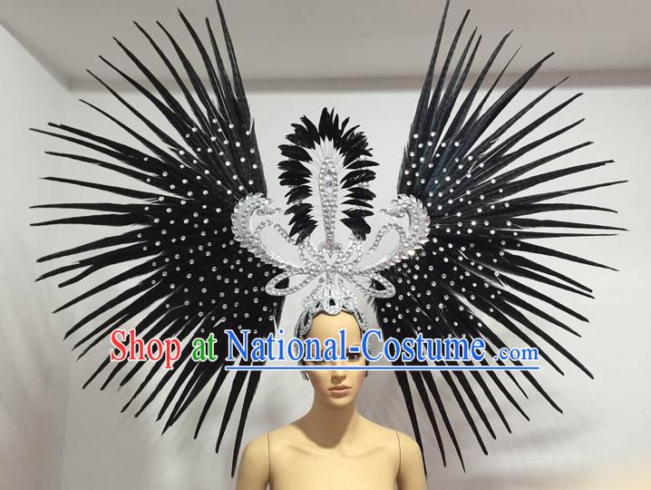 Top Grade Professional Stage Show Giant Headpiece Parade Hair Accessories Decorations, Brazilian Rio Carnival Samba Opening Dance Black Feather Headdress for Women