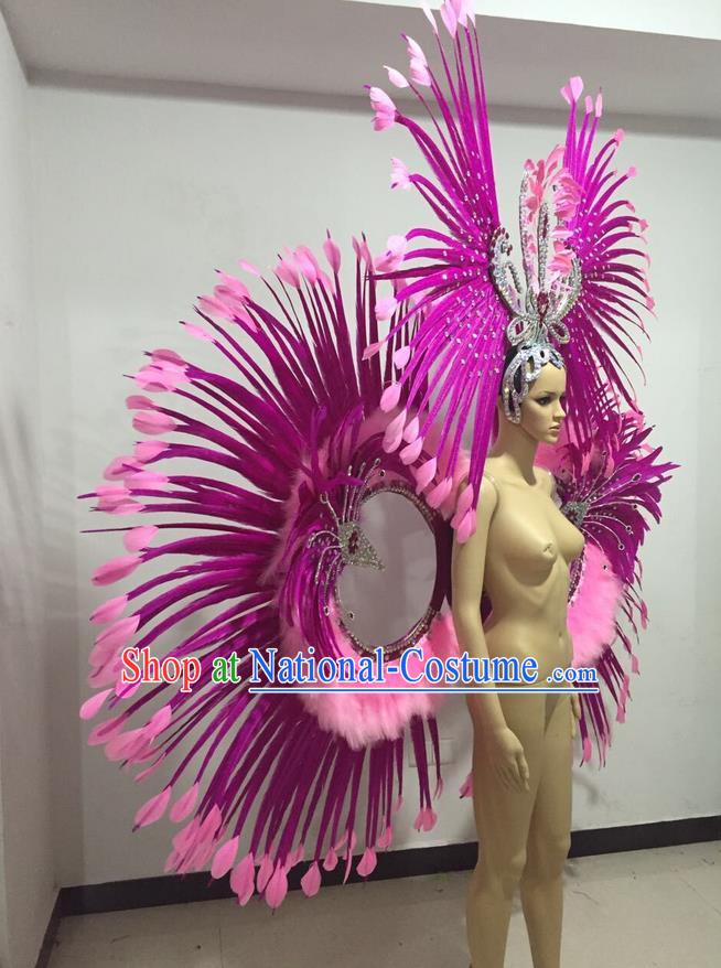 Top Grade Professional Stage Show Giant Headpiece Parade Hair Accessories Backboard Decorations, Brazilian Rio Carnival Samba Opening Dance Rosy Feather Headdress for Women