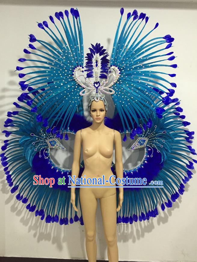 Top Grade Professional Performance Catwalks Blue Feather Props and Headpiece, Traditional Brazilian Rio Carnival Samba Opening Dance Modern Fancywork Backboard for Women