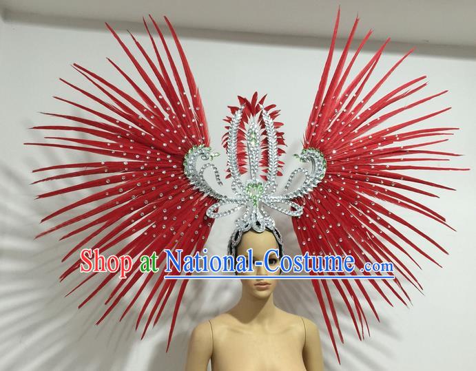 Top Grade Professional Stage Show Giant Headpiece Parade Hair Accessories Decorations, Brazilian Rio Carnival Samba Opening Dance Red Feather Headdress for Women