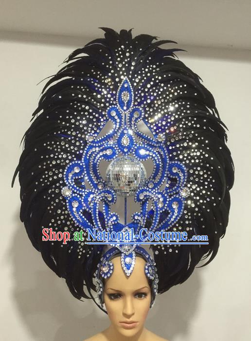 Top Grade Professional Stage Show Halloween Big Hair Accessories Decorations, Brazilian Rio Carnival Samba Opening Dance Black Feather Headpiece for Women