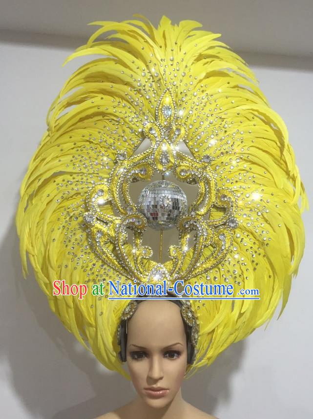 Top Grade Professional Stage Show Halloween Big Hair Accessories Decorations, Brazilian Rio Carnival Samba Opening Dance Yellow Feather Headpiece for Women