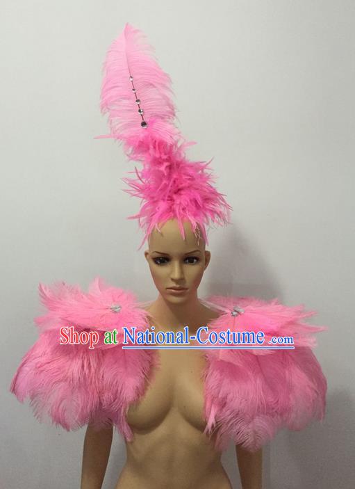 Top Grade Professional Stage Show Halloween Clothing and Headpiece Decorations, Brazilian Rio Carnival Samba Opening Dance Props Pink Feather Costumes for Women