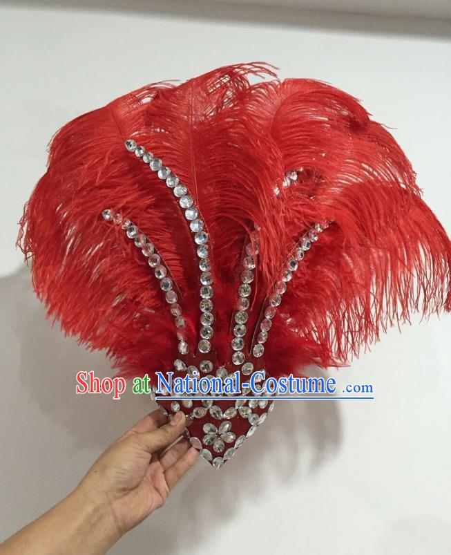 Top Grade Professional Stage Show Halloween Hair Accessories Decorations, Brazilian Rio Carnival Parade Samba Opening Dance Red Feather Headpiece for Women