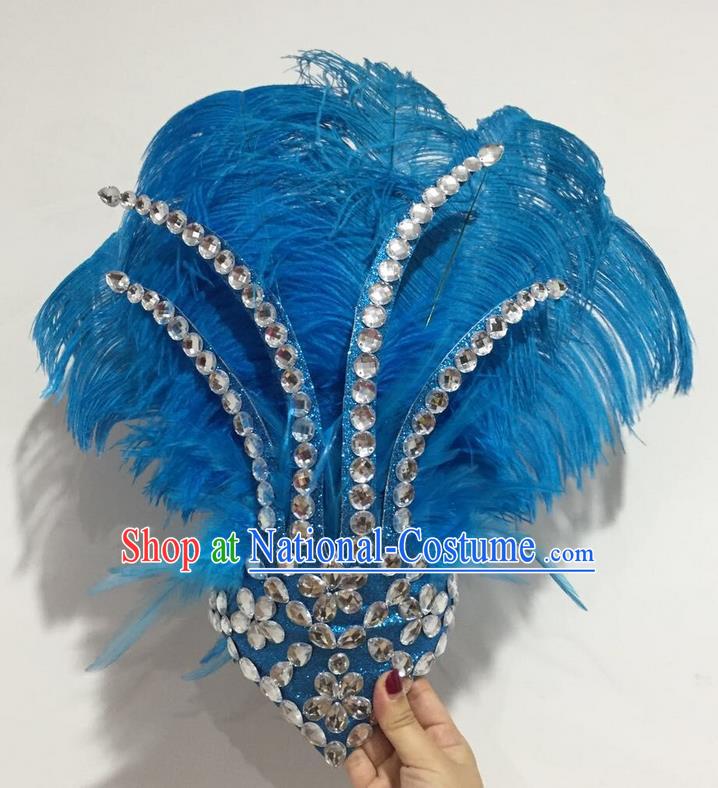 Top Grade Professional Stage Show Halloween Hair Accessories Decorations, Brazilian Rio Carnival Parade Samba Opening Dance Blue Feather Headpiece for Women