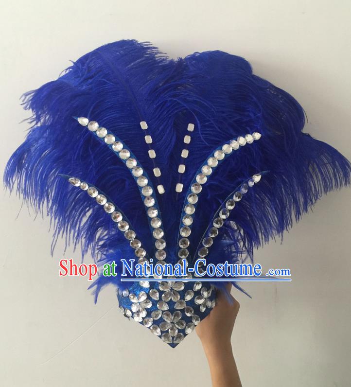 Top Grade Professional Stage Show Halloween Hair Accessories Decorations, Brazilian Rio Carnival Parade Samba Opening Dance Royalblue Feather Headpiece for Women