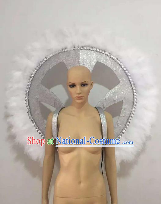 Top Grade Professional Stage Show Halloween Props Decorations, Brazilian Rio Carnival Parade Samba Opening Dance White Feather Round Backplane for Women