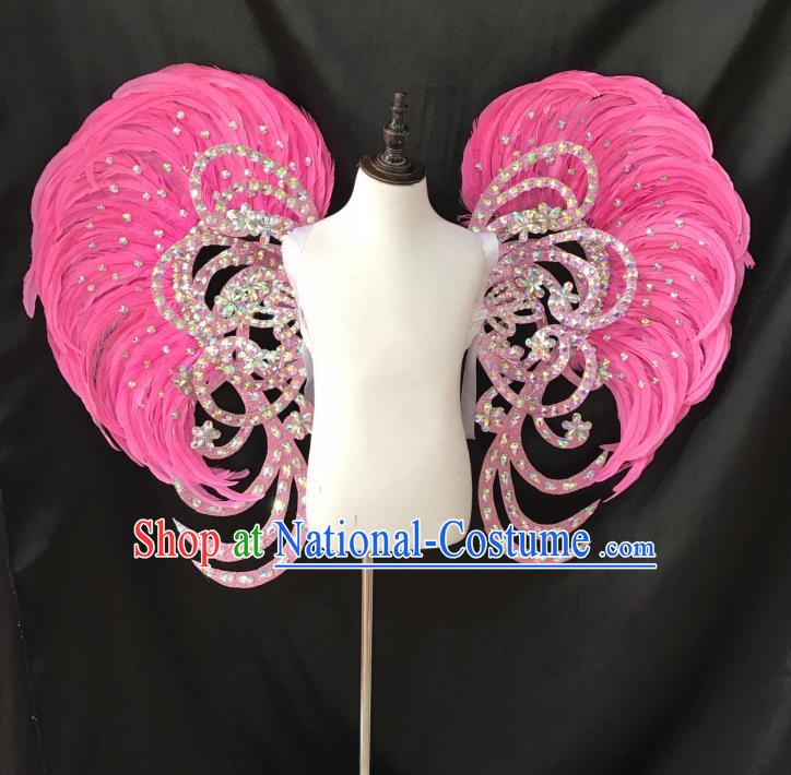 Top Grade Professional Stage Show Halloween Props Wings and Headpiece, Brazilian Rio Carnival Parade Samba Dance Modern Fancywork Pink Feather Backplane for Kids