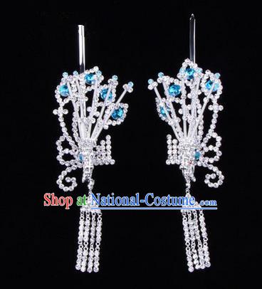 Chinese Ancient Peking Opera Hair Accessories Young Lady Diva Blue Phoenix Headwear, Traditional Chinese Beijing Opera Head Ornaments Hua Tan Crystal Hairpins